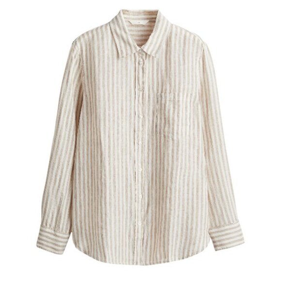 H&M beige striped linen blend long sleeve button down top size M - Picture 2 of 11